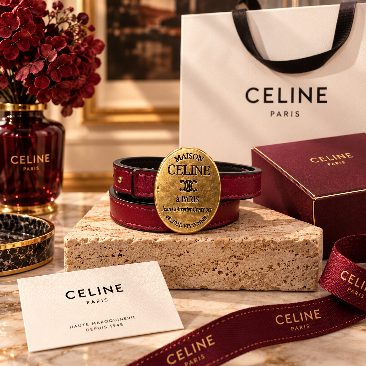 CELINE Burgundy Oval Plaque Belt with Antique Gold-Tone Hardware