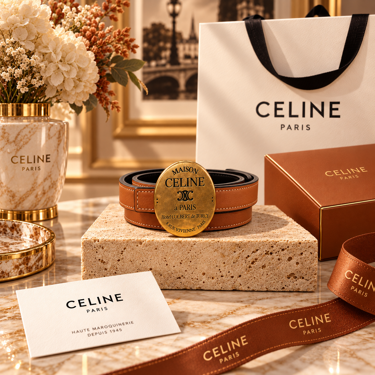 CELINE Tan Brown Oval Plaque Belt with Antique Gold-Tone Hardware
