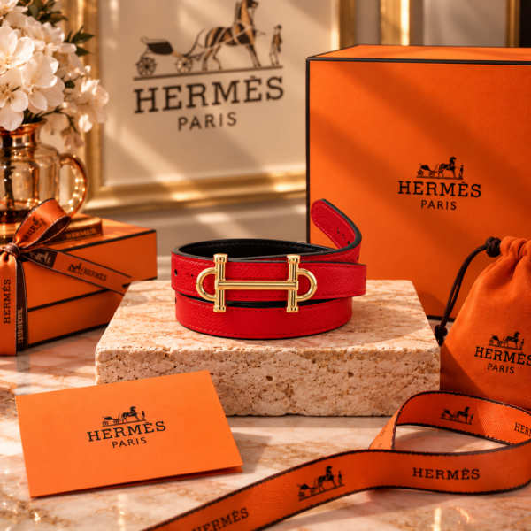 Hermès Red H-Style Buckle Belt with Full Gold-Tone Hardware