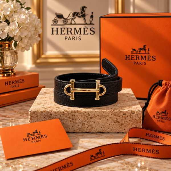 Hermès Black H-Style Buckle Belt with Full Gold-Tone Hardware