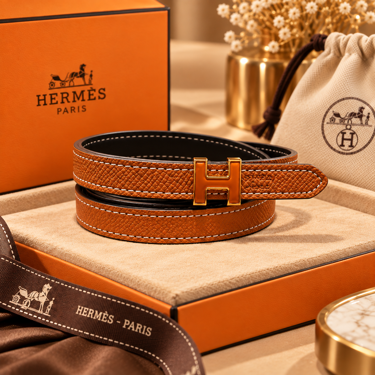 Hermès Tan Brown H Buckle Belt with Orange-Tone Hardware