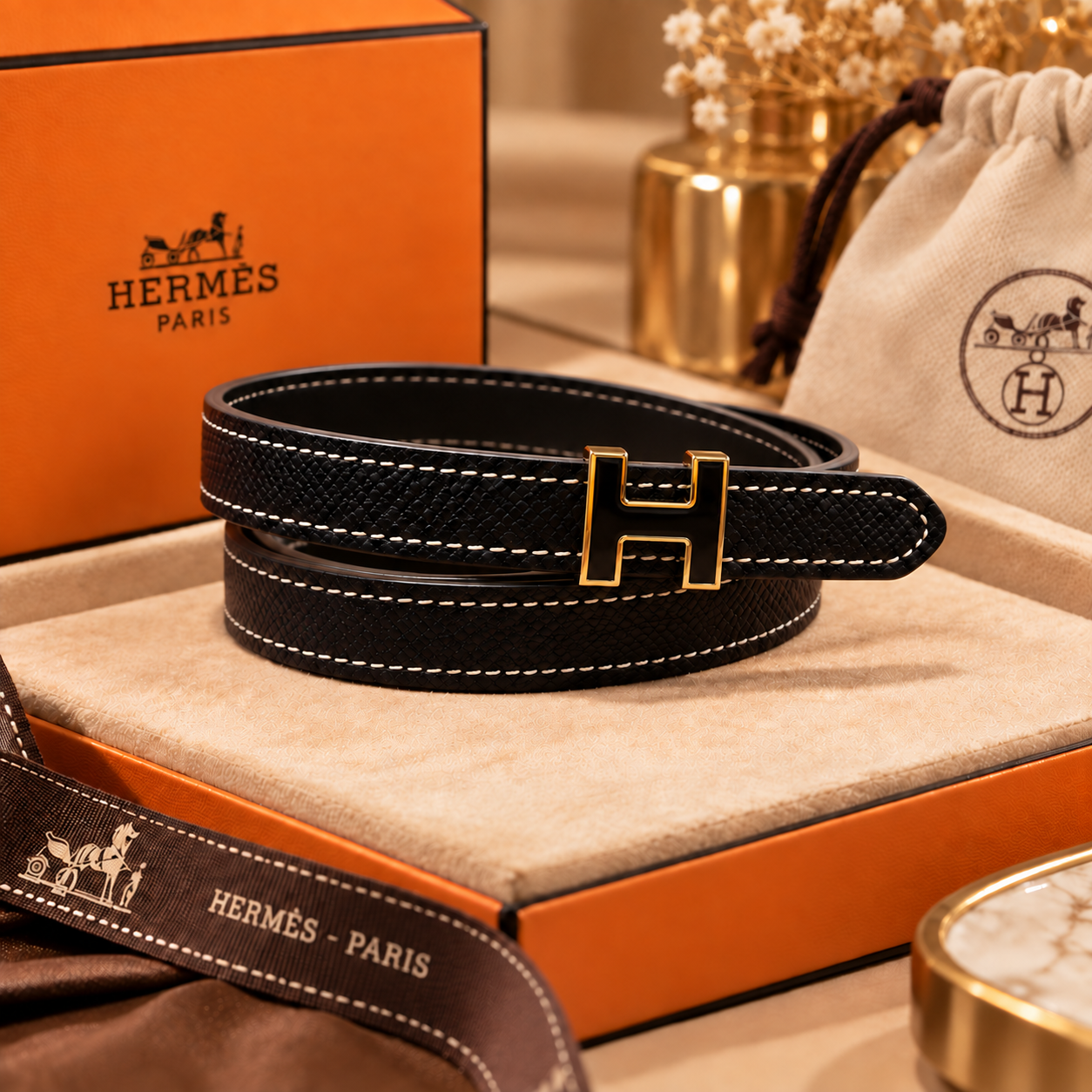 Hermès Black H Buckle Belt with Black & Gold-Tone Hardware