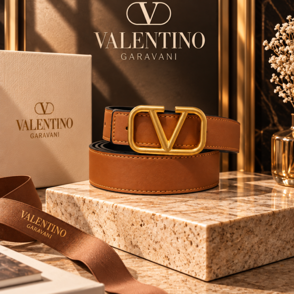 Valentino Cognac Leather VLogo Signature Belt with Polished Gold-Tone Hardware