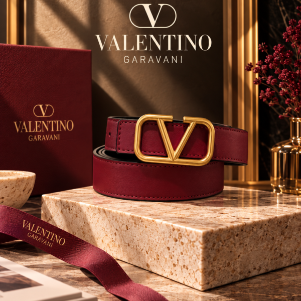 Valentino Burgundy Leather VLogo Signature Belt with Polished Gold-Tone Hardware