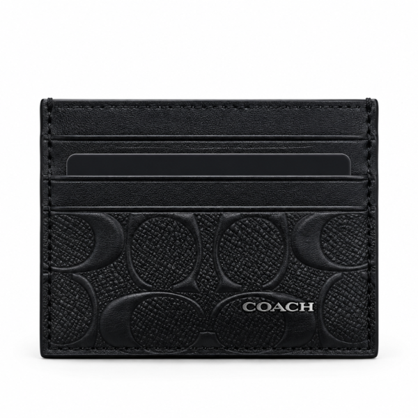 COACH Black Genuine Leather Signature Card Holder