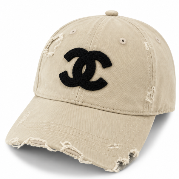Chanel Distressed Beige Logo Baseball Cap