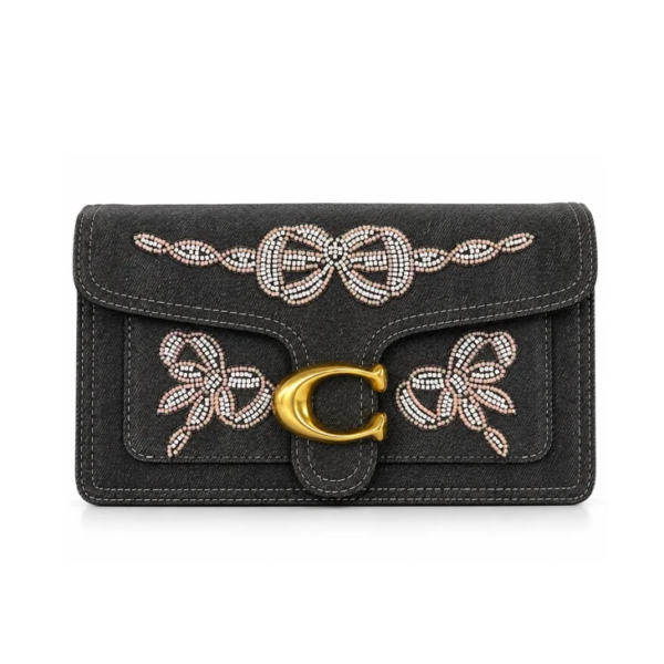 Coach Black Denim Bow Embellished Clutch