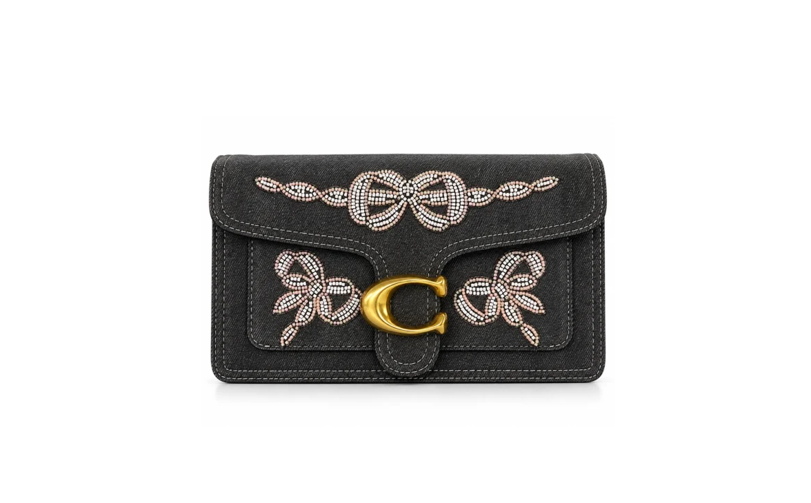 Coach Black Denim Bow Embellished Clutch