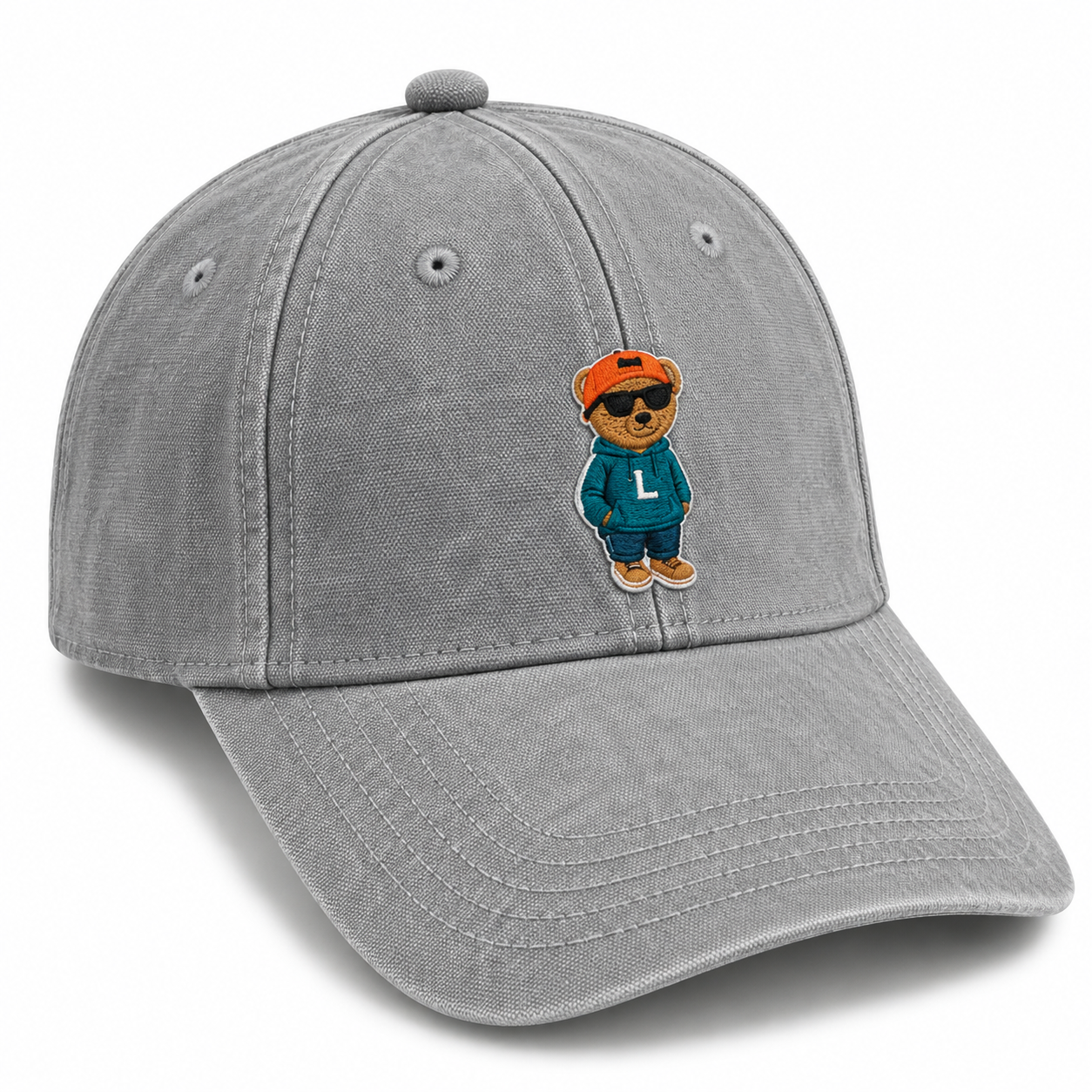 Embroidered Bear Vintage Grey Cap