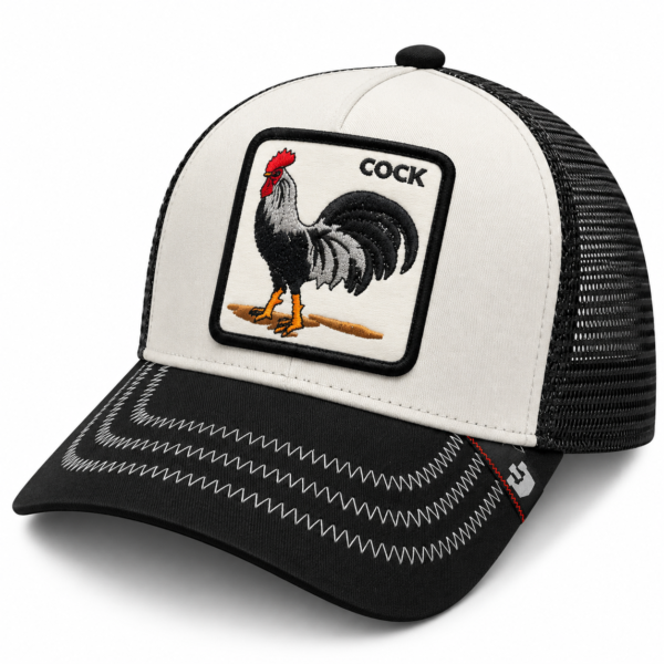 Rooster Patch Black & White Trucker Cap