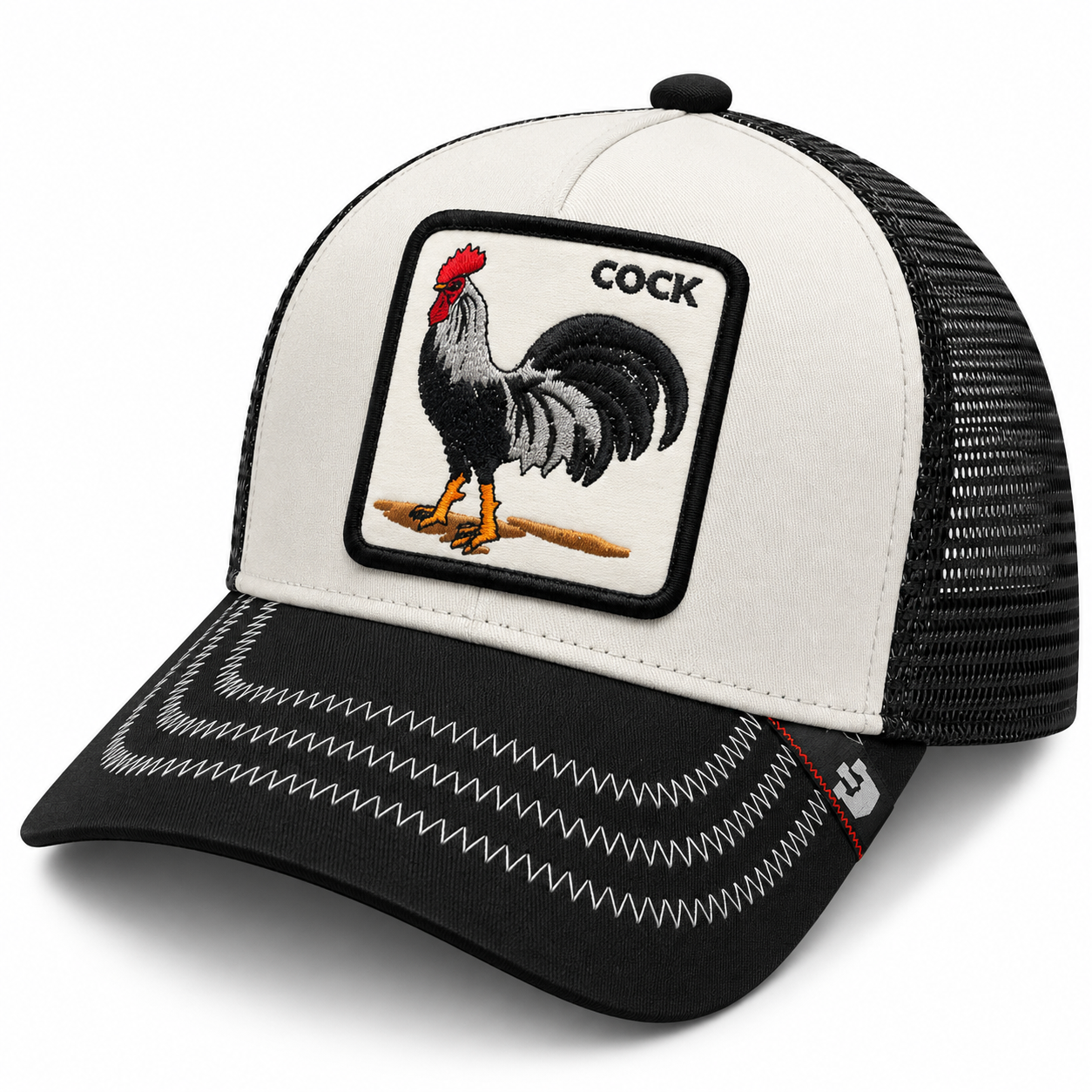 Rooster Patch Black & White Trucker Cap