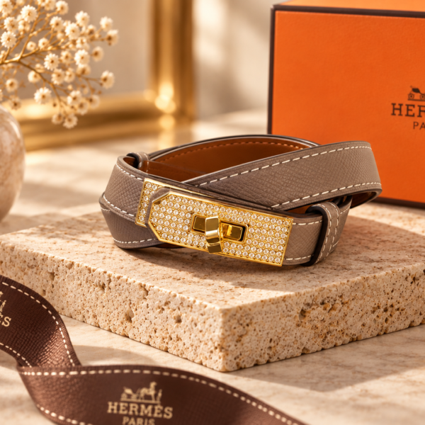 Hermès Taupe Leather Belt with Gold Crystal Buckle