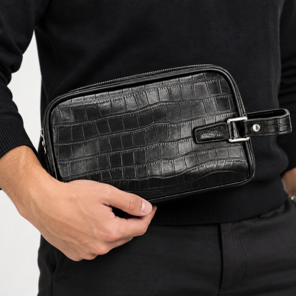 Black Crocodile-Embossed Leather Hand Clutch (l)