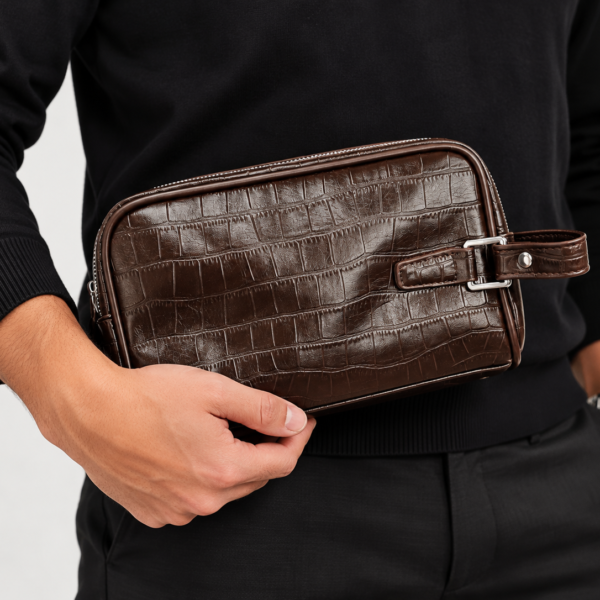 Brown Crocodile-Embossed Leather Hand Clutch